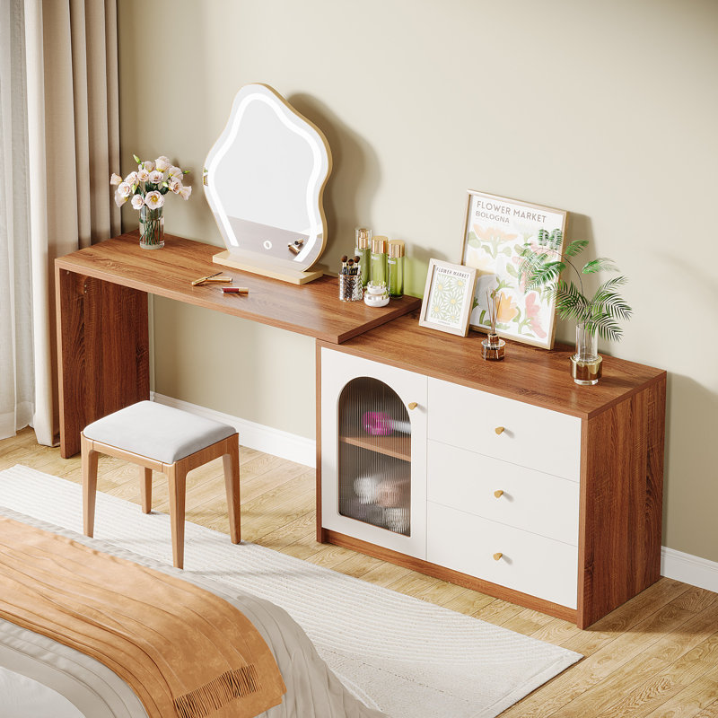 Jennea Makeup Vanity Table, Corner Large Vanity Dressing Table With Reversible Drawers Cabinet, Brown