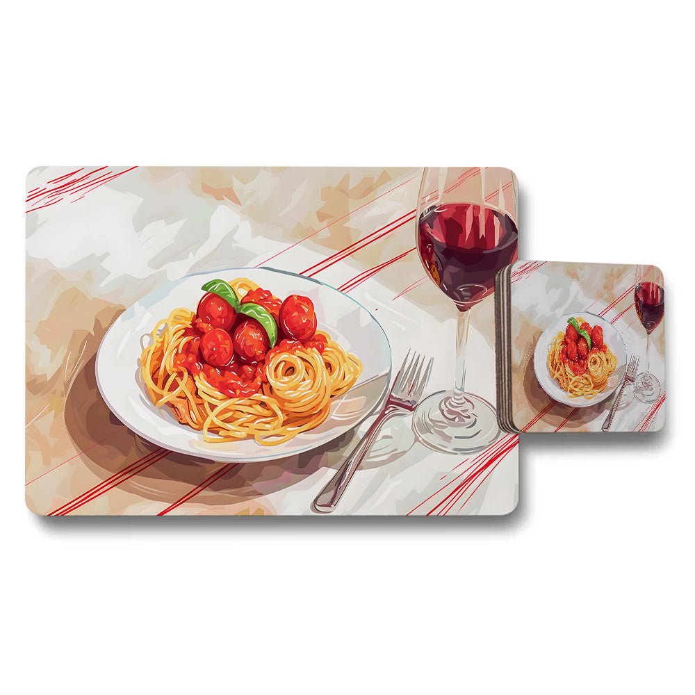 Pasta Plate Design Placemat And Coaster Set With Wine Glass