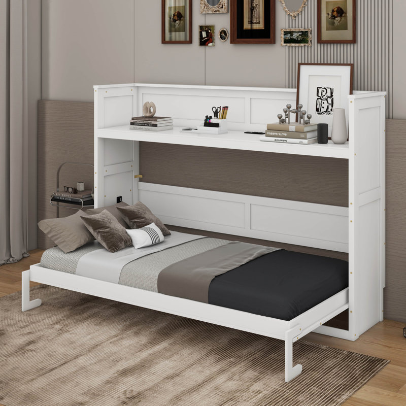 Lit escamotable simple TG avec bureau, lumière DEL et USB, Blanc