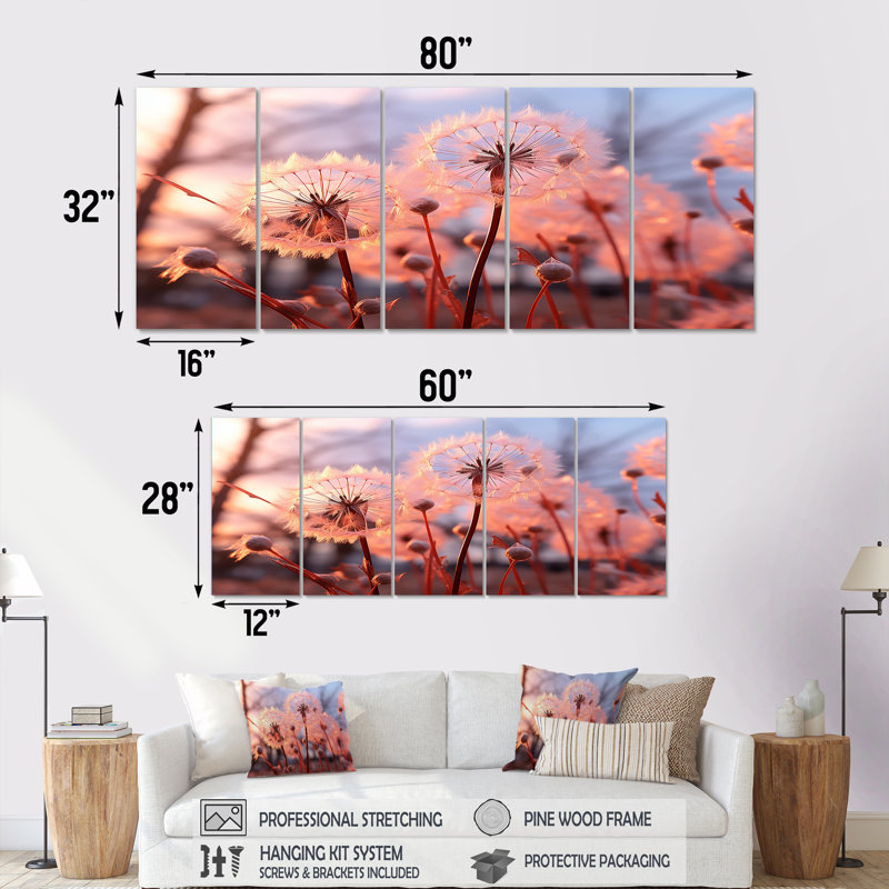 Ensemble de 5 décorations murales Delicate Calm Dandelion Serenity II - Fleurs, H 28 po x l 60 po