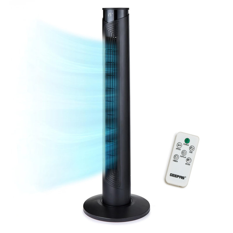 GEEPAS 37" Tower Fan with Remote Control | Bladeless Oscillating Cooling Digital Touch Display, 3 Speed Levels 4 Wind Modes With 12H Timer | Electric Standing Air Circulator for Home Office, 45W