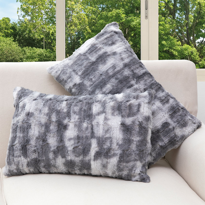 Geometric Faux Fur Throw Pillow, 12" x 20", Marble Gray