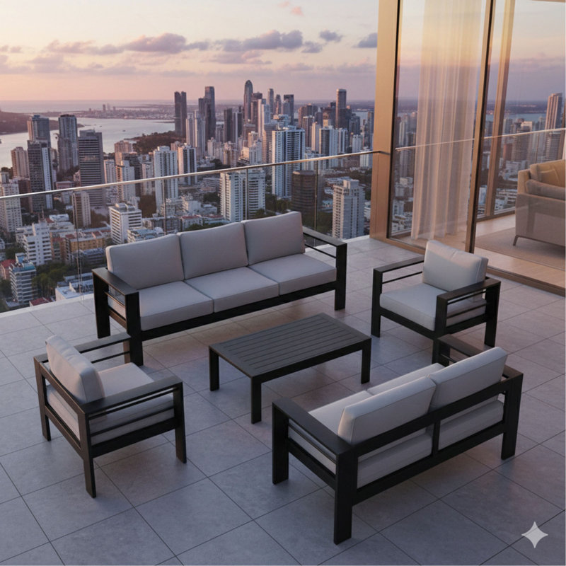 Ensemble de conversation 5 pièces pour patio moderne en aluminium, canapé 7 places avec coussins épais et table basse