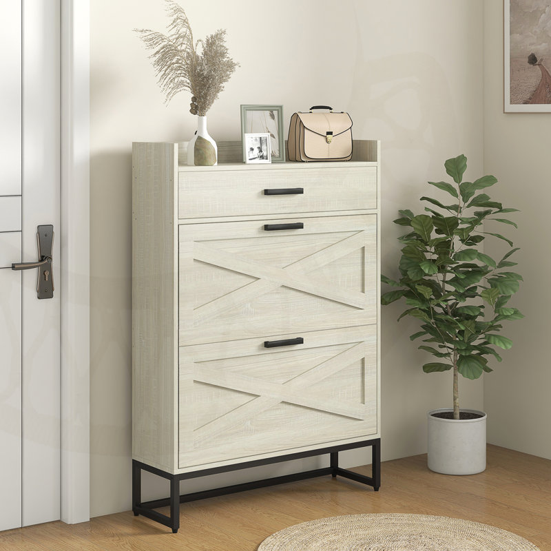 Industrial-Style Entryway Bybee Cabinet with Adjustable Shelves and Barn-Style Doors, Space-Saving and Durable Design, White