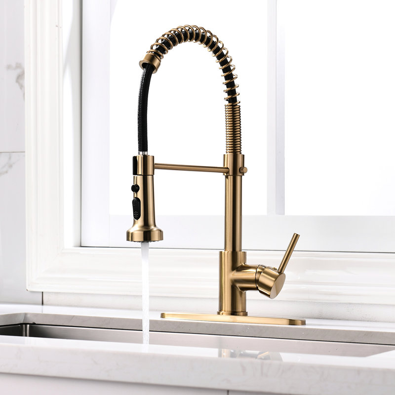 Robinet de cuisine doré brossé avec bec rétractable, facile à installer, matériau, tête de pulvérisation rotative à 360 degrés, eau stable, levier simple