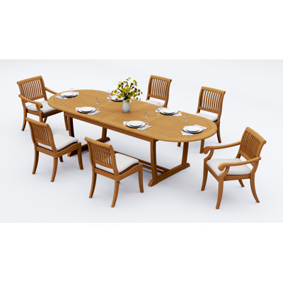  13 Pcs Grade-A Teak Wood Dining Set: 118" Double Extension Mas Oval Trestle Leg Table And  Appel Stacking Chairs (2 Arm & 10 Armless Chairs) #11AB2702