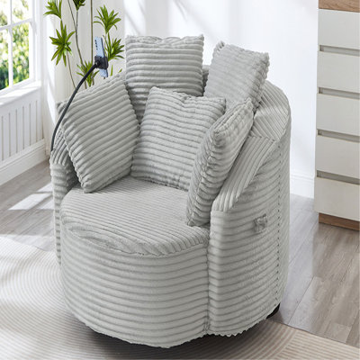 Fauteuil d'appoint rond en velours côtelé 360 ° avec 5 coussins décoratifs et support de téléphone réglable pour le salon, la chambre à coucher, le bureau et l'hôtel
