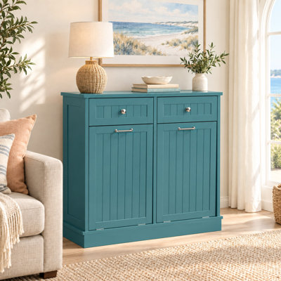 Armoire à poubelle basculante, en bois, 75 litres, autoportante - Bleu lac