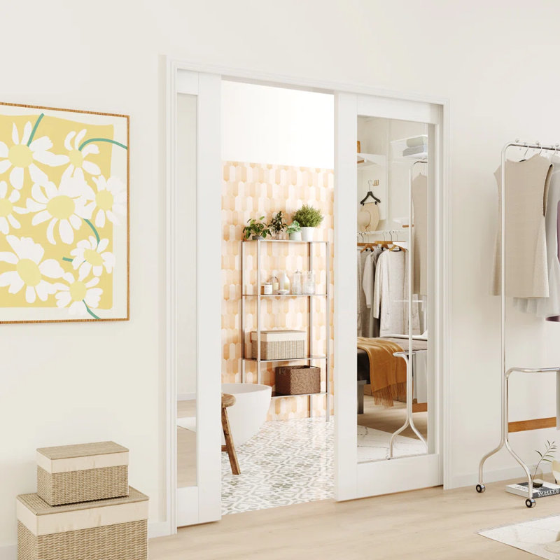 1 porte intérieure en bois massif à surface miroir avec quincaillerie incluse, 2 portes, 64 po x 80 po