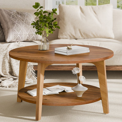 Table basse 31,5 po à 2 niveaux avec tablette de rangement, bois massif et panneau de fibres à densité moyenne, conception minimaliste moderne et robuste, facile à assembler