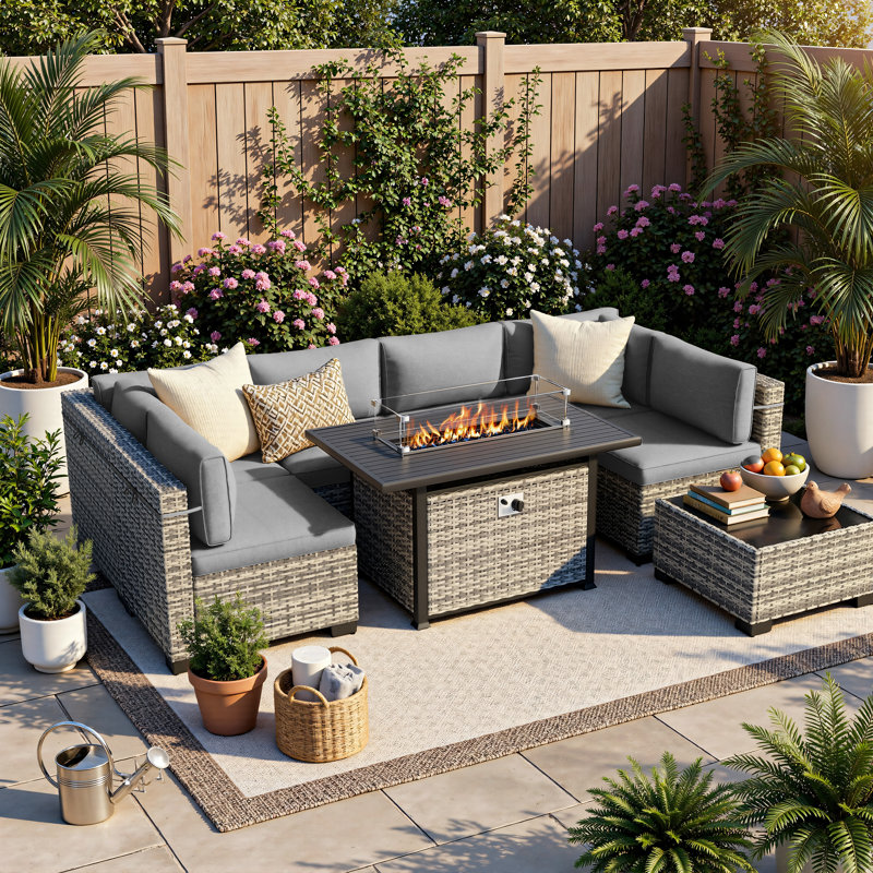 8-Piece Modular Outdoor Sectional Seating Set With Propane Fire Pit Table And Cushions, 3 Pcs: Sectional, Fire Pit, Table
