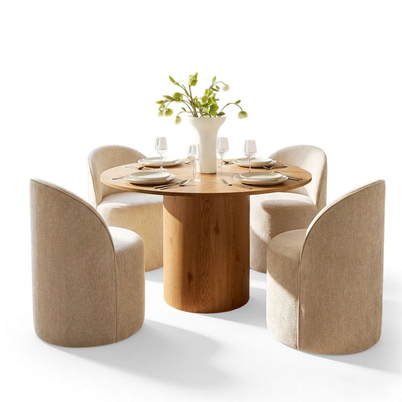 4 - Person Dining Table Sets With Round Table & 4 Upholstered Fabric Chairs, Natural, Soft Tan