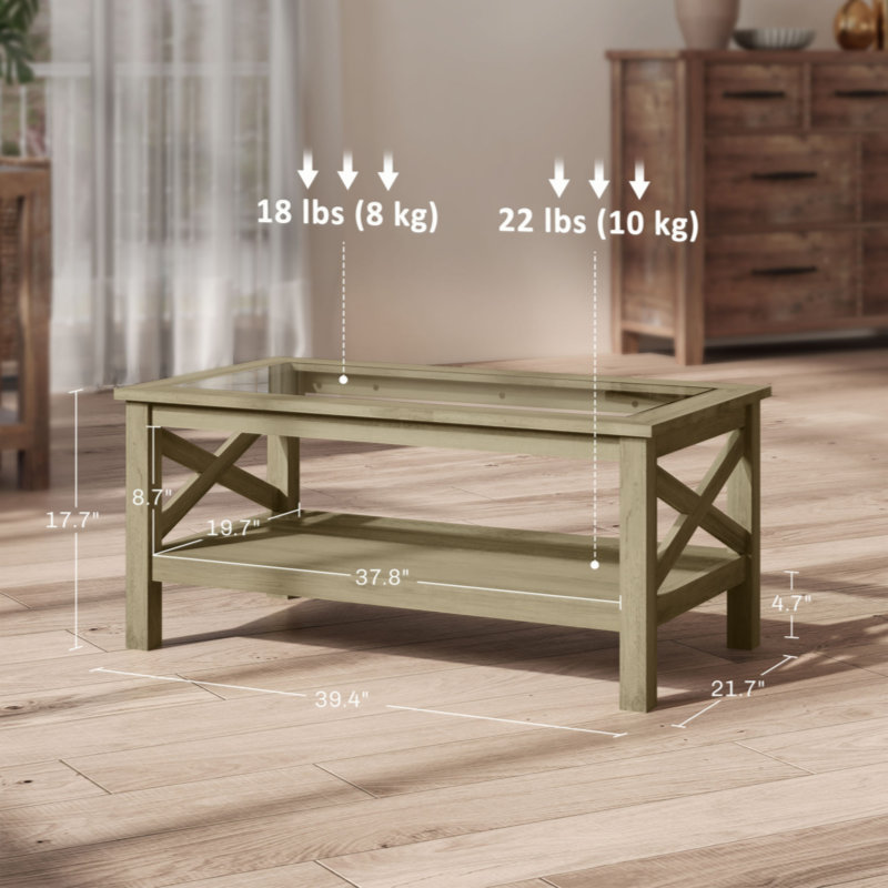 Gray Wood and Glass Coffee Table with Storage Shelf