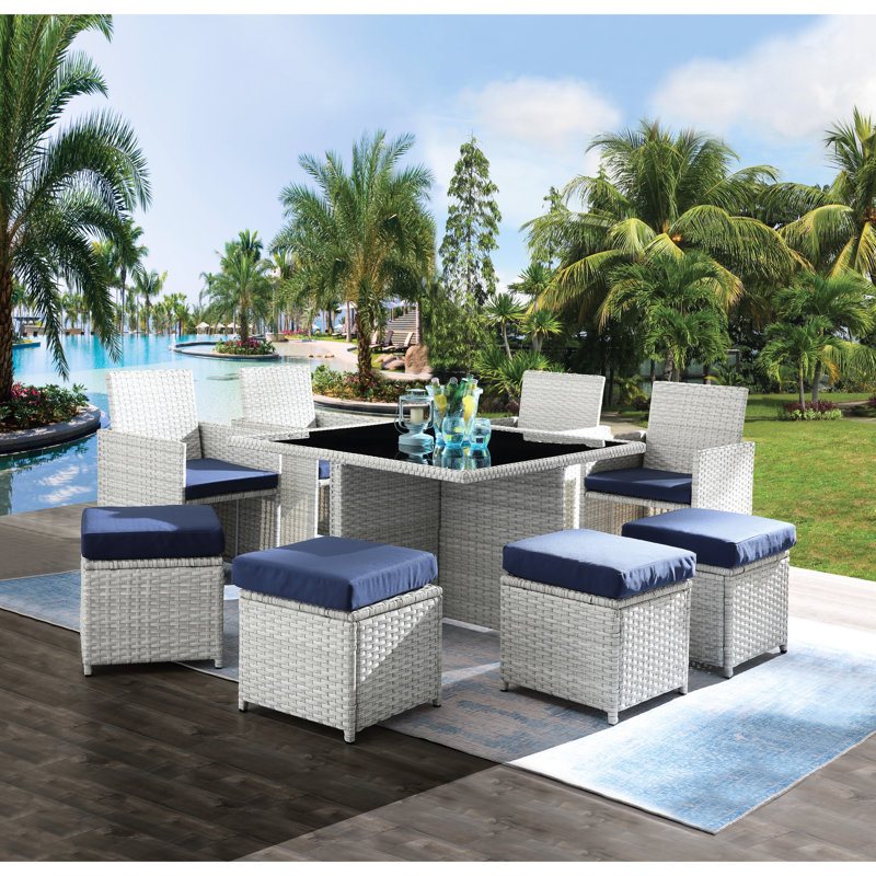 9 pièces en tissu bleu et bistro - chaises, repose-pieds, table avec 4 repose-pieds