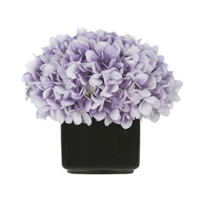 Artificial Lavender Hydrangea in Glossy Black Ceramic Cube Vase