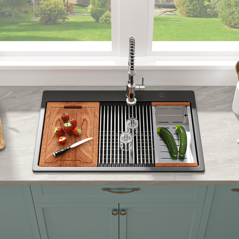 33" L x 22" W Granite Composite Kitchen Sink 60/40 Double Bowls Quartz Drop-In Kitchen Sink Workstation with Accessories