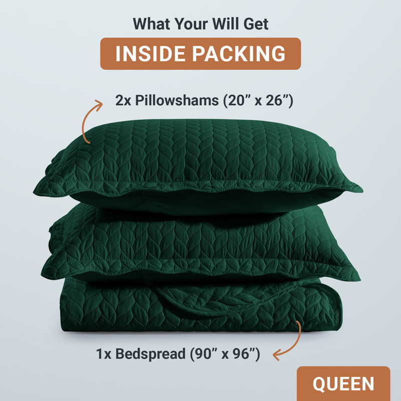 Embossed Quilted Bedspread Set – Soft Microfiber Coverlet With Pillow Shams, Hotel-Style Bedding For High Beds, Emerald
