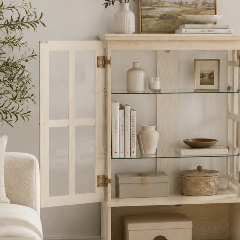 Vitrine H 46,89 po avec portes en verre, armoire de rangement à 2 niveaux avec éclairage RVB et tiroir rabattable, Blanc