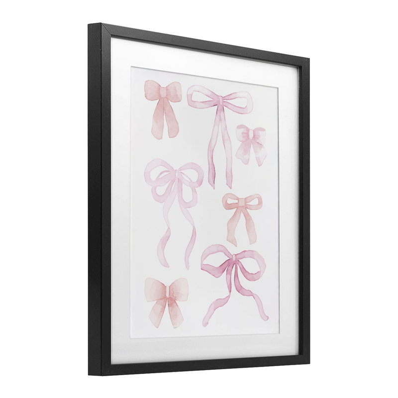 «Pink Watercolor Bows», reproduction sous verre encadrée, design par Kim Allen, H 16 po x l 13 po, Cadre noir minuit
