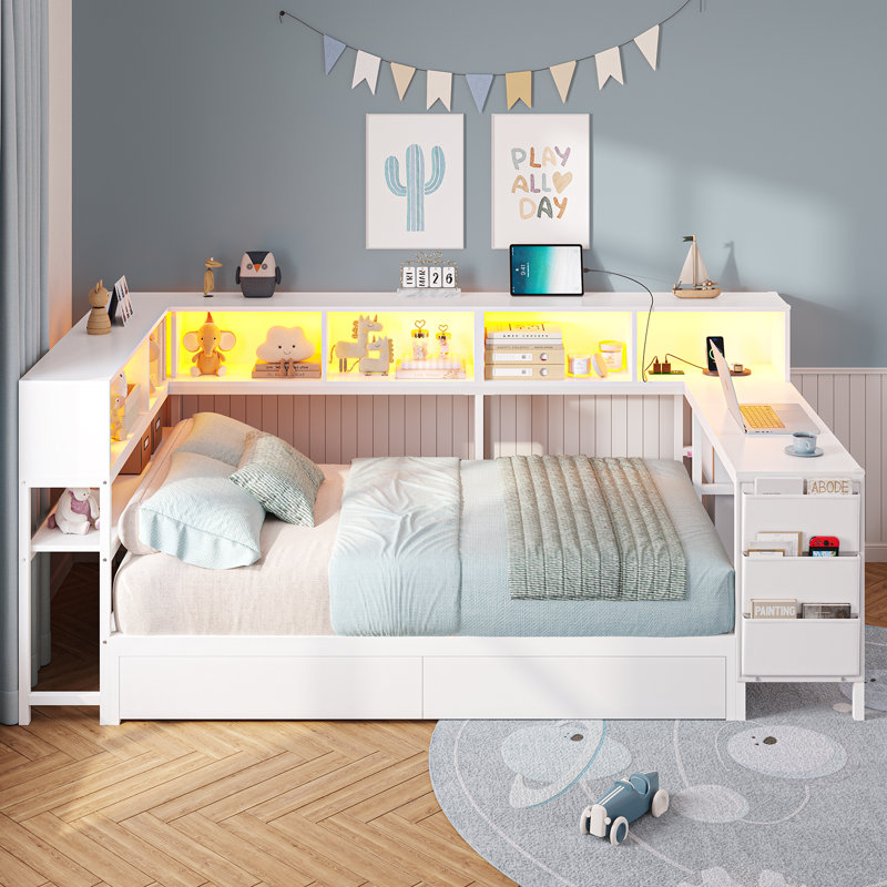 Lit d'angle simple avec tablettes de bibliothèque et 2 grands tiroirs, lit de jour simple avec lumières à DEL et station de charge, cadre de lit d'angle avec bureau de L 39,4 po, 2 tiroirs en tissu et sac de rangement latéral, sans sommier, blanc