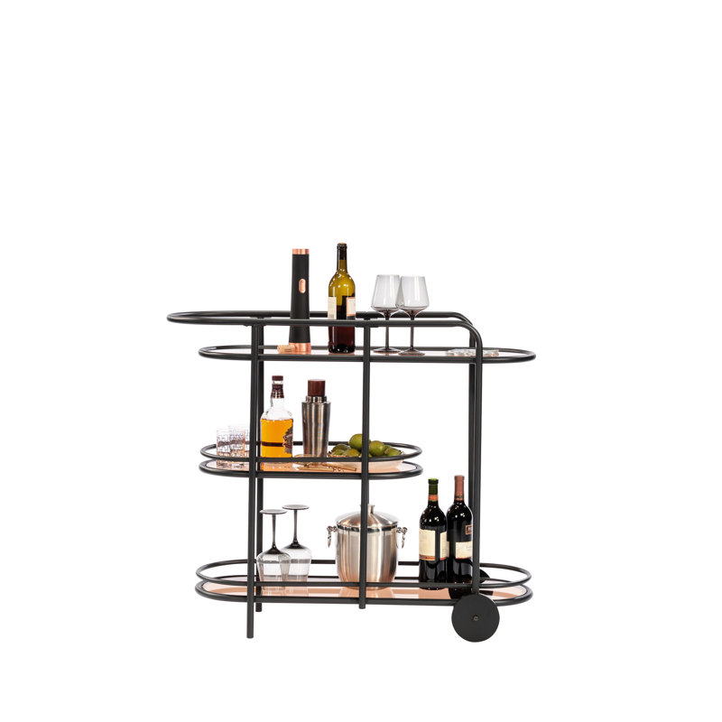 Chariot-bar moderne noir avec tablettes en verre teinté ambré, convient à plusieurs espaces, cadre, facile à assembler, petites zones compactes, installation rapide et variée, serré