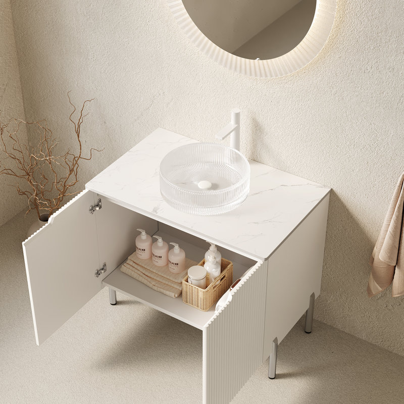 Meuble-lavabo moderne avec lavabo en MDF blanc et lavabo en verre