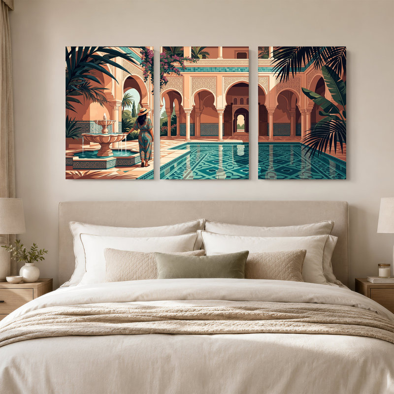 Ensemble de 3 toiles marocaines, cour marocaine avec piscine et arches, 24"H x 16"W x 3pcs