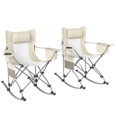 Folding Rocking Camping Chairs for Adults, Portable Outdoor Rocking Chairs with Headrest, Cooler Bag, Cup Holder, Carry Bag for Picnic Outside and Out by Arlmont & Co.
