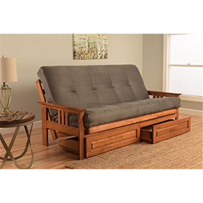 Monterey Full Frame with Storage Drawers - Full Size Hardwood Futon Frame Set in Barbados Finish with Mattress, Easily Converts to Bed - With Storage Drawers