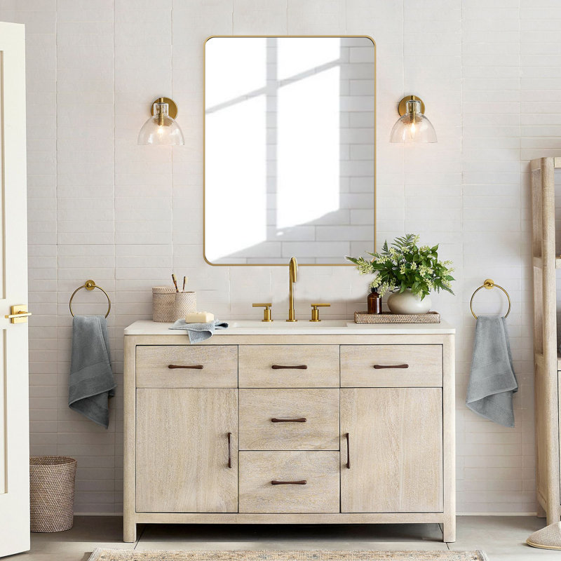 Bathroom Mirror, Brushed Aluminum Alloy Frame Vanity Rounded Rectangle Wall Mirror For Bedroom, Living Room, Hanging Or Leaning Horizontal Or Vertical