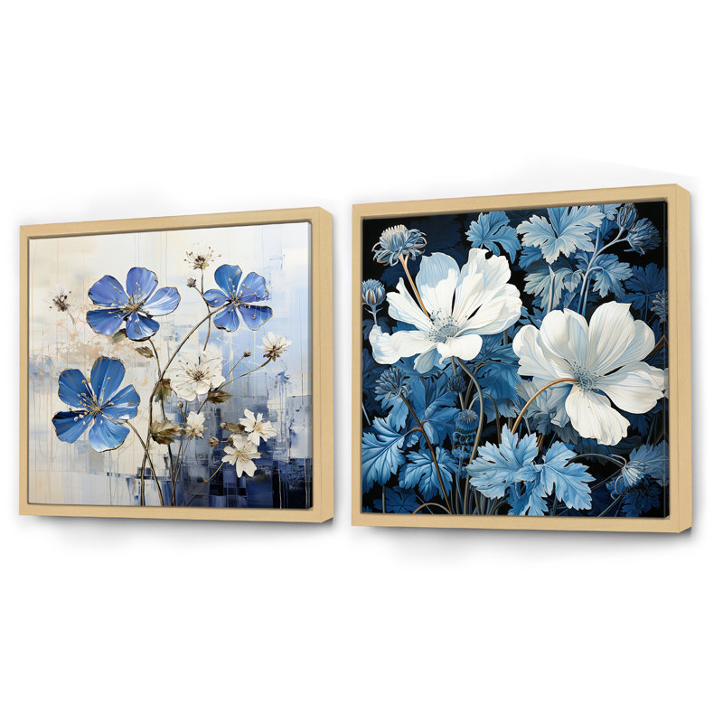 Minimalisme bleu et blanc fleurs de géraniums - ensemble de 2 géraniums carrés, Cadre flottant brun, H 36 po x l 73 po