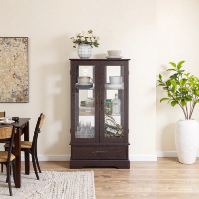 Lighted Cherry Curio Cabinet with Adjustable Glass Shelves - American Retro Style Display Cabinet with 2 Doors, 1 Drawer, and Mirrored Back, Bulb Incl