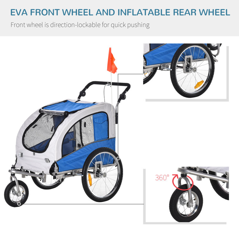 Blue 2-in-1 Pet Bike Trailer and Stroller with Canopy