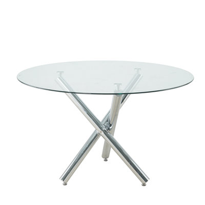 Kaizlyn Modern Round Glass Dining Table for 4-6 People, Clear Tempered Glass Top, Metal Cross Base, Round Kitchen Table for Dining Room, Circular Table for Small Space
