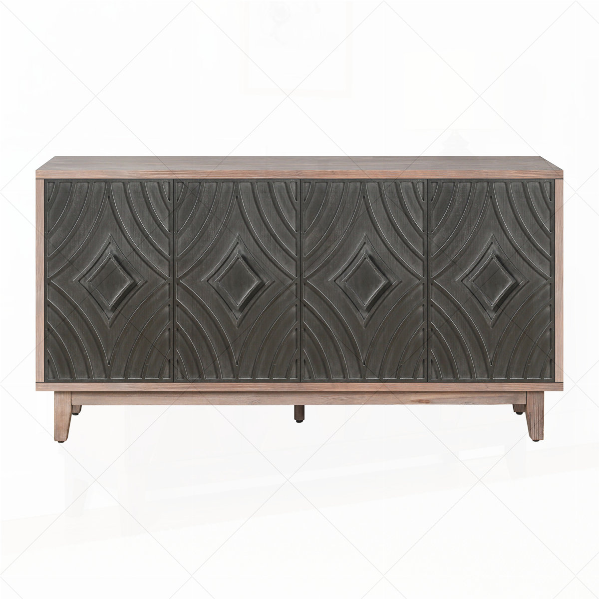 Mid Century Sideboard Buffet Cabinet with Solid Wood Legs 60" Kitchen Storage Cabinet Credenza with 4 Convex pattern diamond Doors and 2 Shelves Accen