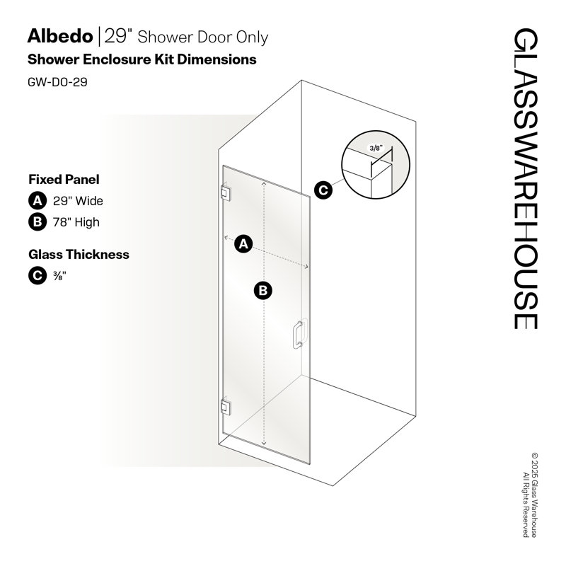 Albedo 29 in. x 78 in. Fully Frameless Hinge Shower Door, Polished Nickel