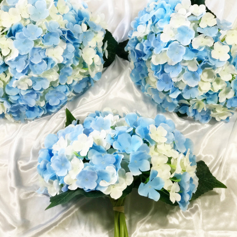 Tiges d'hortensia en soie artificielle, Bleu / Crème