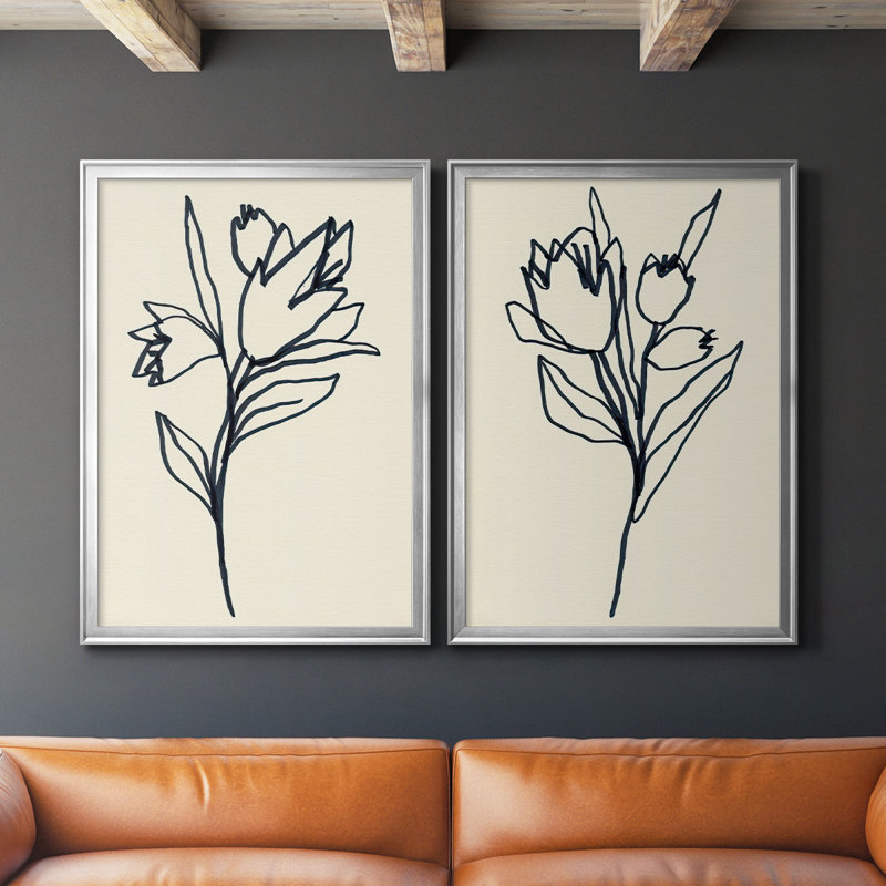 Floral Marker I - Ensemble de 2 reproductions d'art sur toile encadrées, H 42,5 po x l 61 po x P 1,25 po, Argent