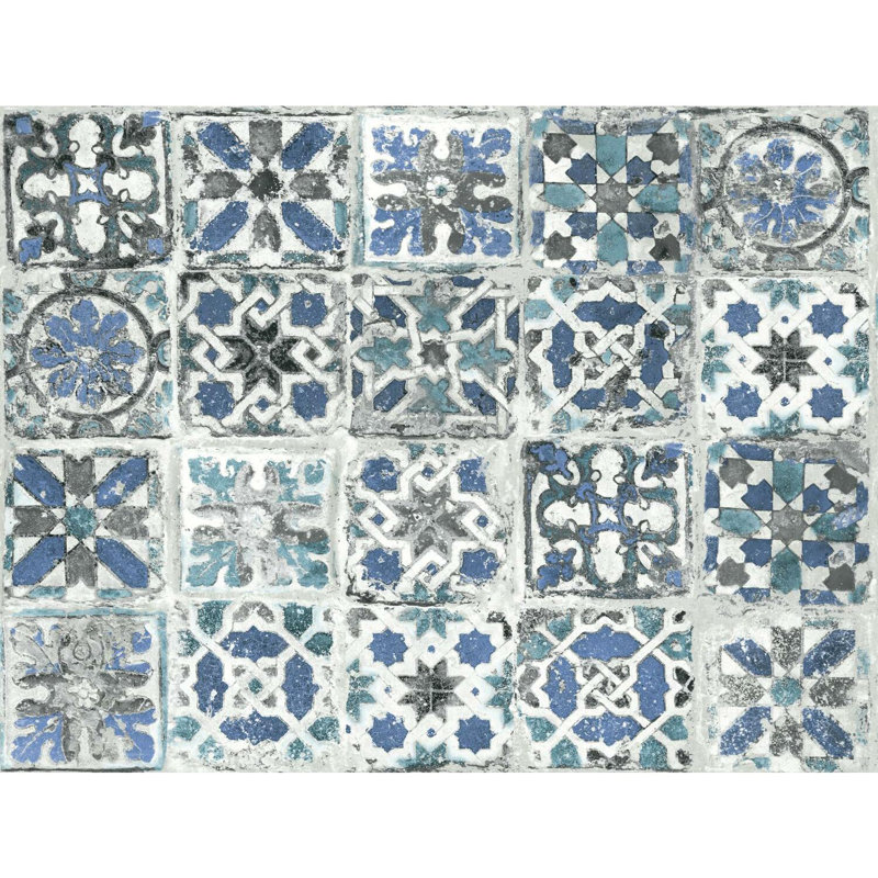 Rouleau de papier peint adhésif L 20 pi x l 27 po Encaustic Tile, Bleu