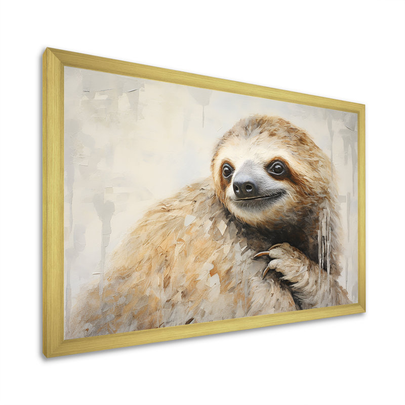 «Thoughtful Sloth I» sur toile, Cadre doré simple, H 24 po x l 32 po x P 1 po