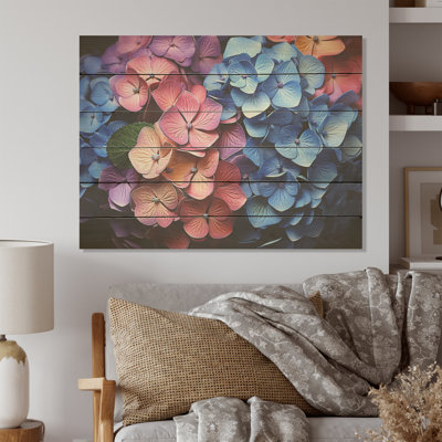 Hydrangea Blooms In Purple I - Hydrangea Wood Wall Art On Natural Pine Wood