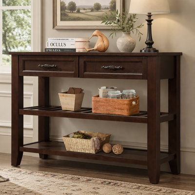  Mid-Century Console Sofa Table with 2 Storage Drawers and 2-Tier Open Shelves, 42'' Solid Wood Buffet Sideboard, Multi-Functional Entryway Hallway Table for Living Room Kitchen Dining Room