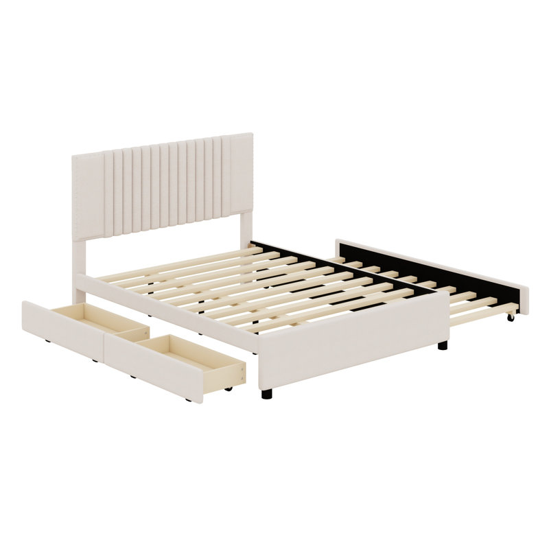 Lit plateforme tapissier avec 2 tiroirs et lit gigogne, tête de lit classique, Beige