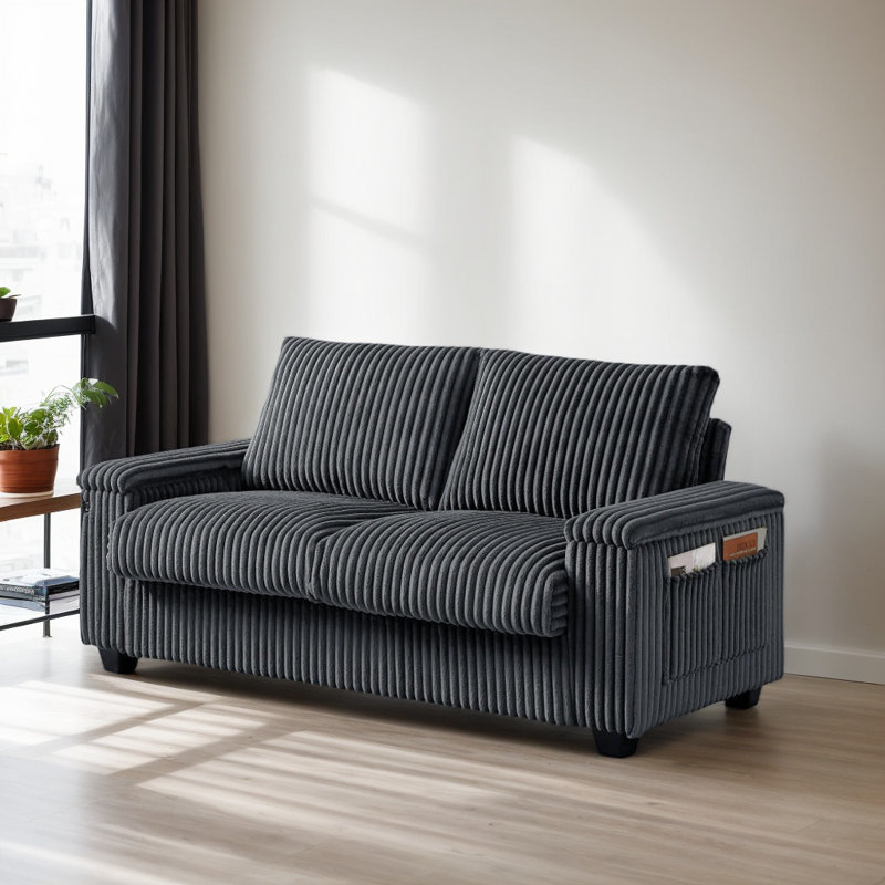 Canapé en velours côtelé de 71 po avec ports USB, espace de rangement pour accoudoirs et deux poches latérales, Gris foncé