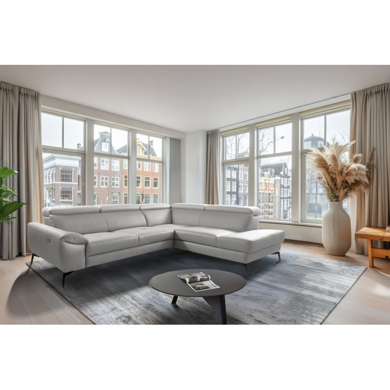 Alvoro Genuine Leather Corner Sofa with Electric Seat Extension & Adjustable Headrests, Right Hand Facing, Grey