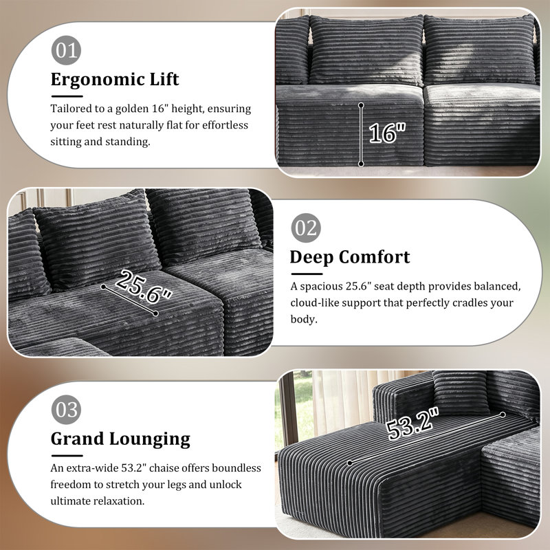 Canapé modulaire en forme de U 118 po en velours côtelé gris foncé, canapé amovible avec méridienne et repose-pieds 118 po