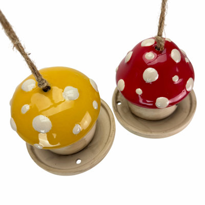 Cottage porcelain mushroom bird feeder set of 2, rope loops, red/yellow caps, 13 inches high