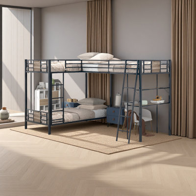 Lit superposé simple au-dessus de L en forme de L avec lit mezzanine simple avec bureau et tablette