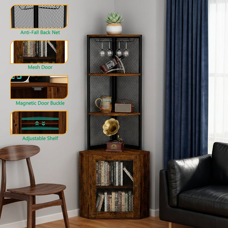 Armoire de rangement en coin à 6 niveaux avec station de charge et support à verres à vin 65 po Rustic Brown
