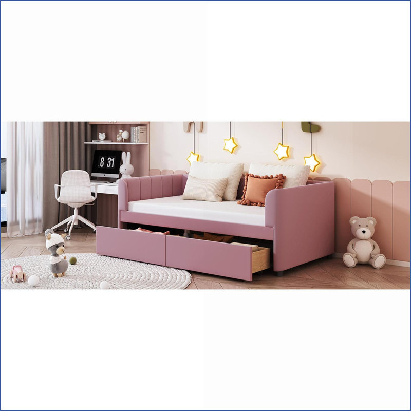 Lit de jour simple en velours rembourré avec dossier ergonomique 2 tiroirs rose